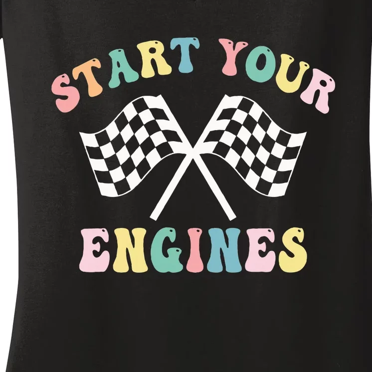 Start Your Engines Groovy Checkered Flag Retro Racing Women's V-Neck T-Shirt