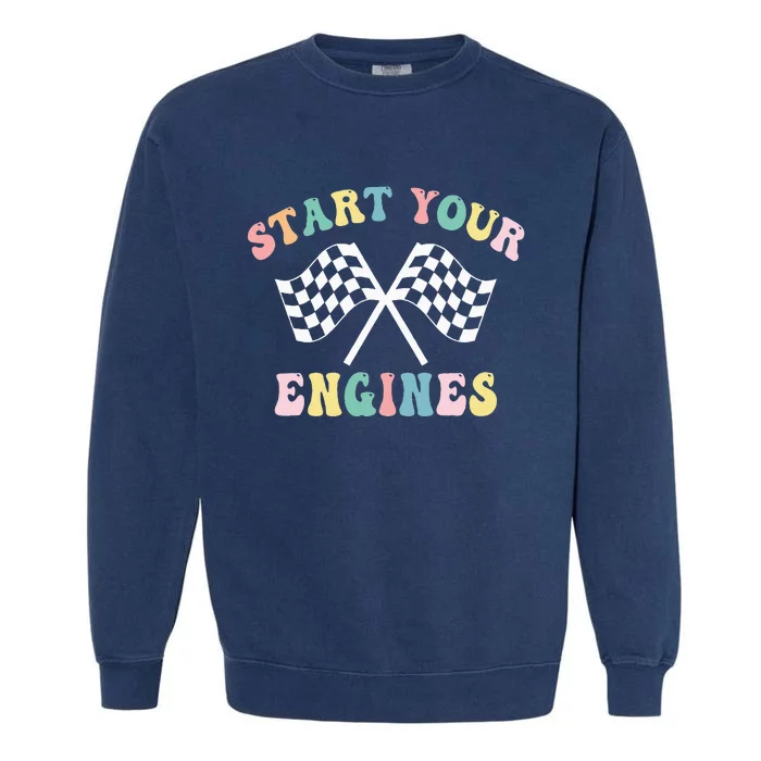 Start Your Engines Groovy Checkered Flag Retro Racing Garment-Dyed Sweatshirt