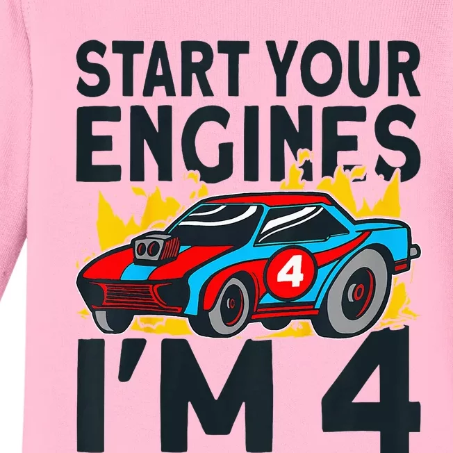 Start You Engines IM 4 Race Car 4th Birthday Race Car Baby Long Sleeve Bodysuit