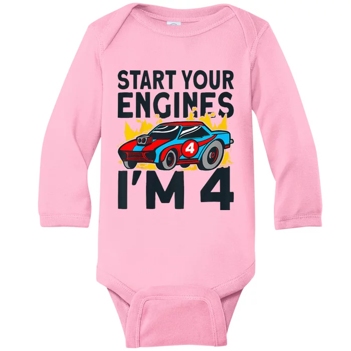 Start You Engines IM 4 Race Car 4th Birthday Race Car Baby Long Sleeve Bodysuit