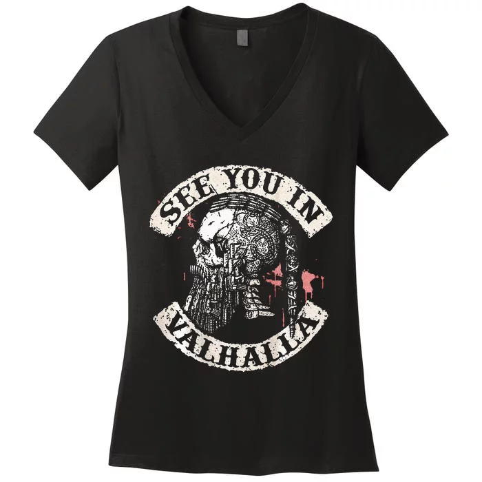 See You In Valhalla Skull Viking Women's V-Neck T-Shirt