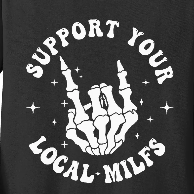 Support Your Local Milfs Groovy Front & Back Funny Kids Long Sleeve Shirt