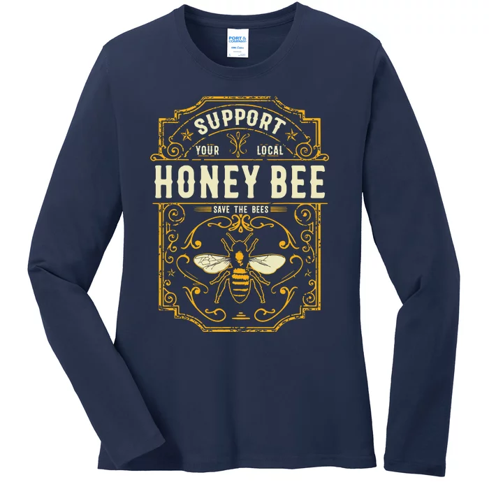 Support Your Local Honey Bee Save The Bees Vintage Style Ladies Long Sleeve Shirt