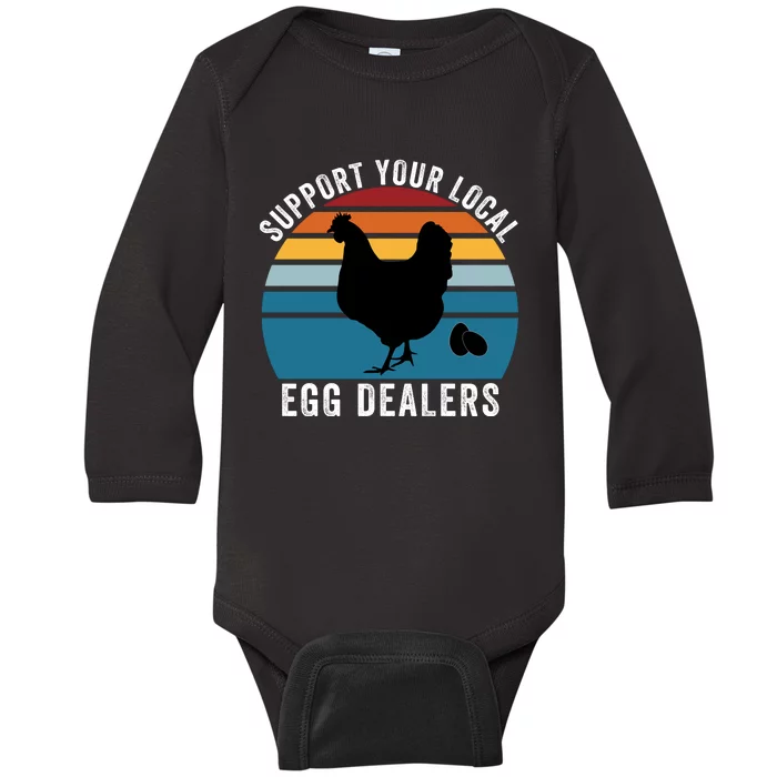 Support Your Local Egg Dealers, Egg Lover, Retro Chicken Baby Long Sleeve Bodysuit