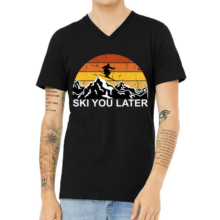 Ski You Later Skiing Retro Sunset Mountain V-Neck T-Shirt