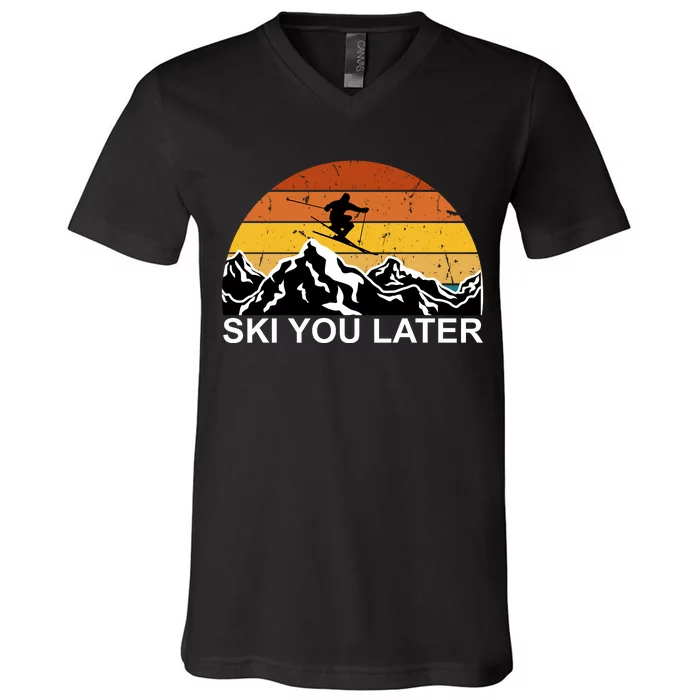 Ski You Later Skiing Retro Sunset Mountain V-Neck T-Shirt