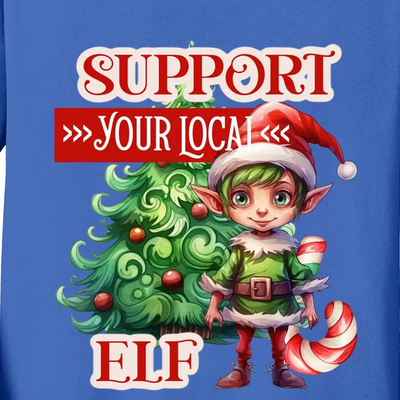 Support Your Local Elf Candy Cane Christmas Tree Gift Kids Long Sleeve Shirt