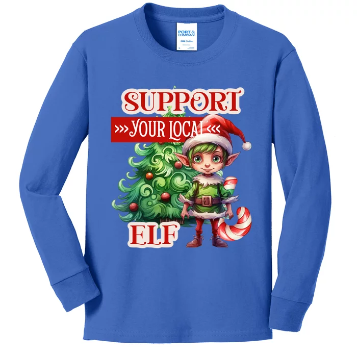 Support Your Local Elf Candy Cane Christmas Tree Gift Kids Long Sleeve Shirt