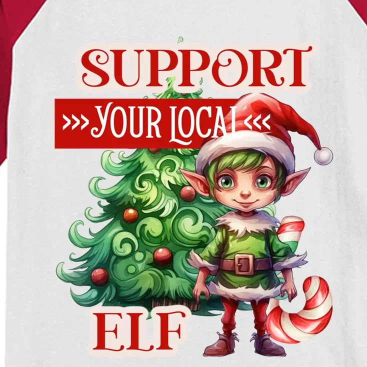 Support Your Local Elf Candy Cane Christmas Tree Gift Kids Colorblock Raglan Jersey