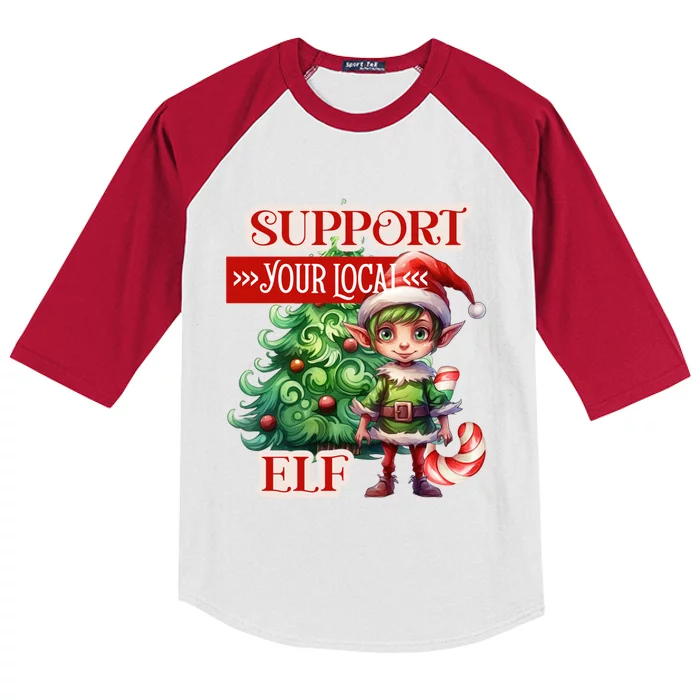 Support Your Local Elf Candy Cane Christmas Tree Gift Kids Colorblock Raglan Jersey