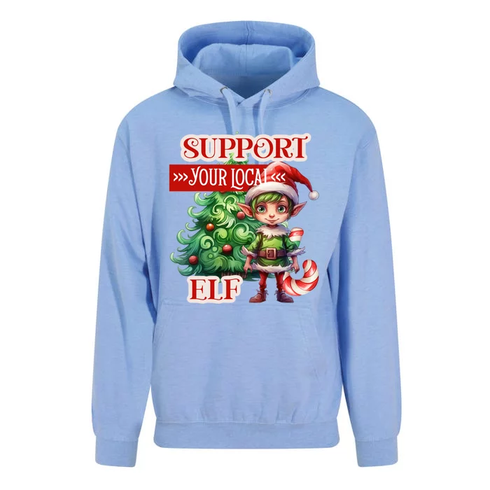 Support Your Local Elf Candy Cane Christmas Tree Gift Unisex Surf Hoodie