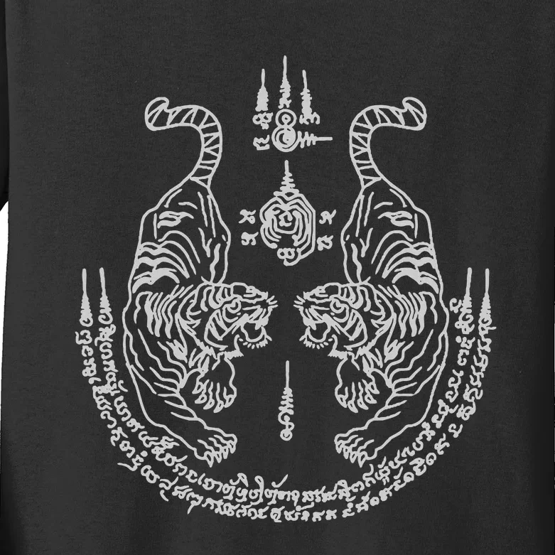 Sak Yant Muay Thai Art Tattoo Twin Tiger Kickboxing Thailand Kids Long Sleeve Shirt