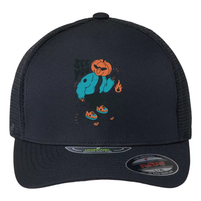 See You On The Flip Side Pumpkin Skateboard Halloween Flexfit Unipanel Trucker Cap