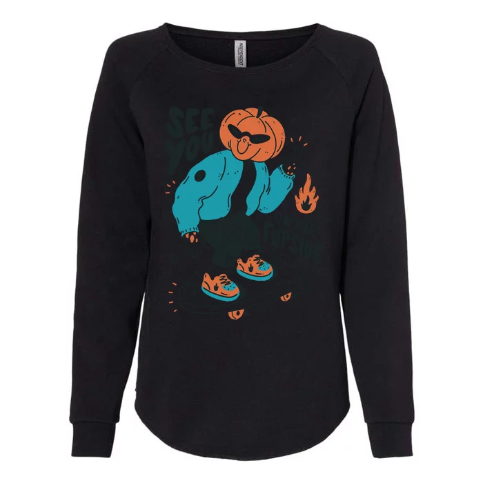 See You On The Flip Side Pumpkin Skateboard Halloween Womens California Wash Sweatshirt