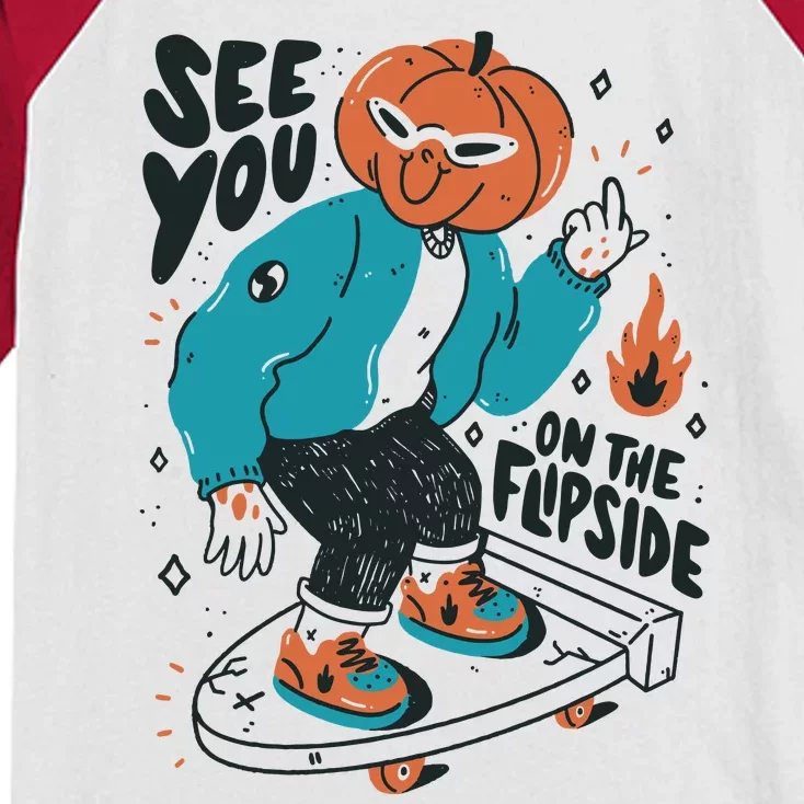 See You On The Flip Side Pumpkin Skateboard Halloween Kids Colorblock Raglan Jersey