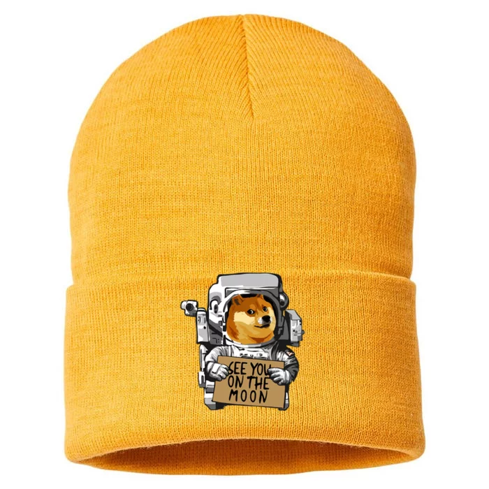 See You On The Moon Dogecoin Doge Holder Crypto Currency Meme Sustainable Knit Beanie