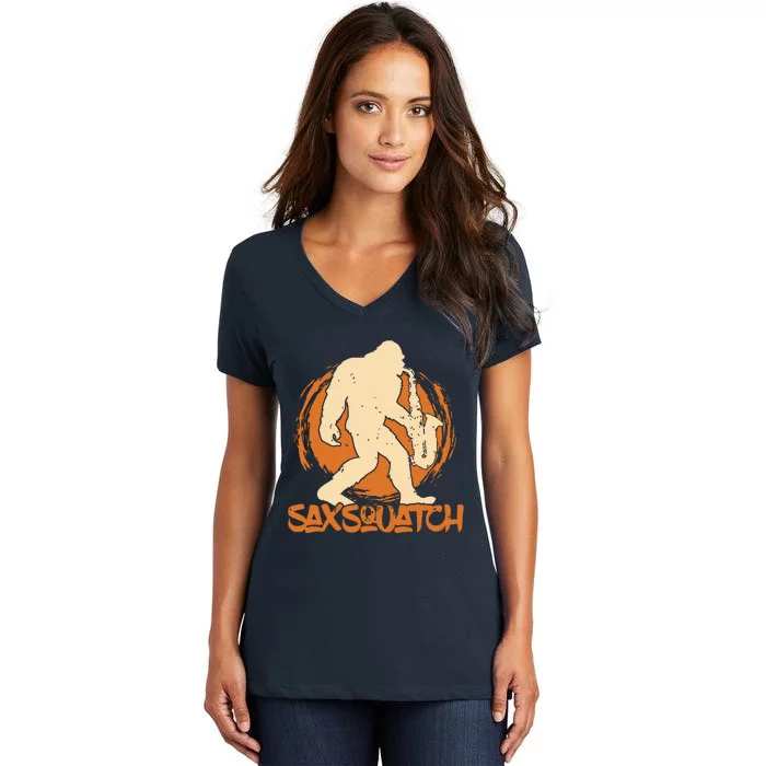 Saxsquatch Yeti Playing Saxophone Pun Musician Sax Women's V-Neck T-Shirt