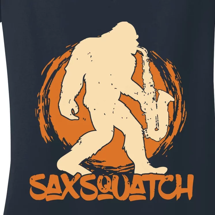 Saxsquatch Yeti Playing Saxophone Pun Musician Sax Women's V-Neck T-Shirt