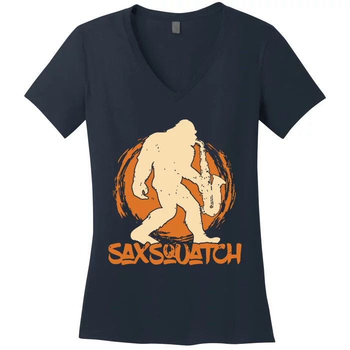 Saxsquatch Yeti Playing Saxophone Pun Musician Sax Women's V-Neck T-Shirt