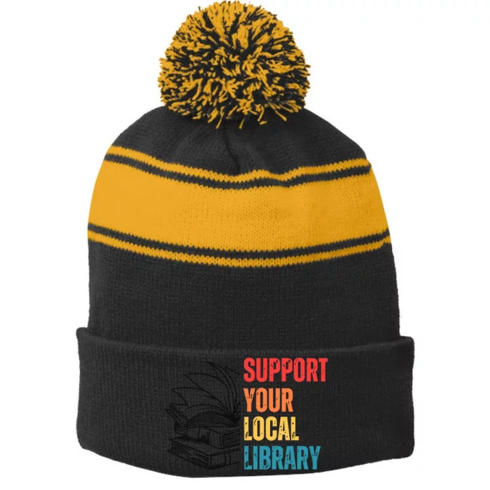 Support Your Public Library Back To School Librarian Stripe Pom Pom Beanie