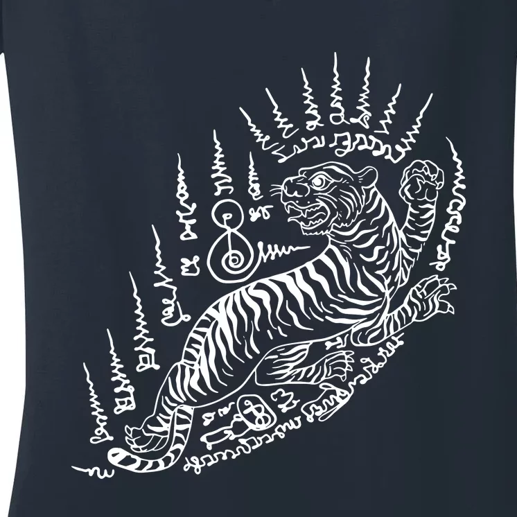 Sak Yant Thai Tattoo Powerful Tiger Magical Thailand Women's V-Neck T-Shirt