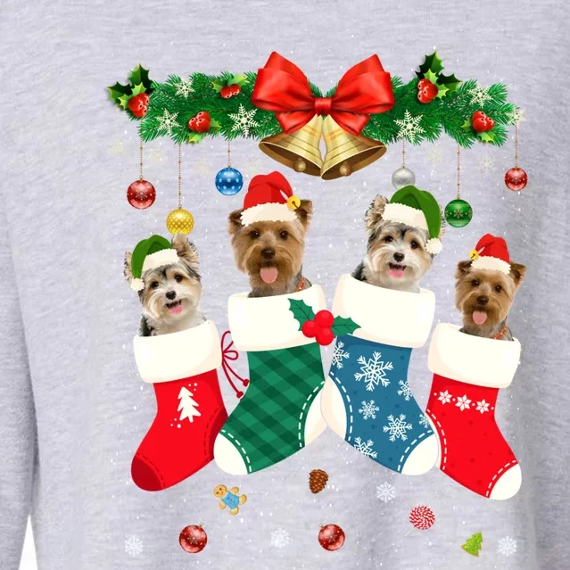 Santa Yorkshire Terrier Dogs In Christmas Socks Funny Xmas Cute Gift Cropped Pullover Crew