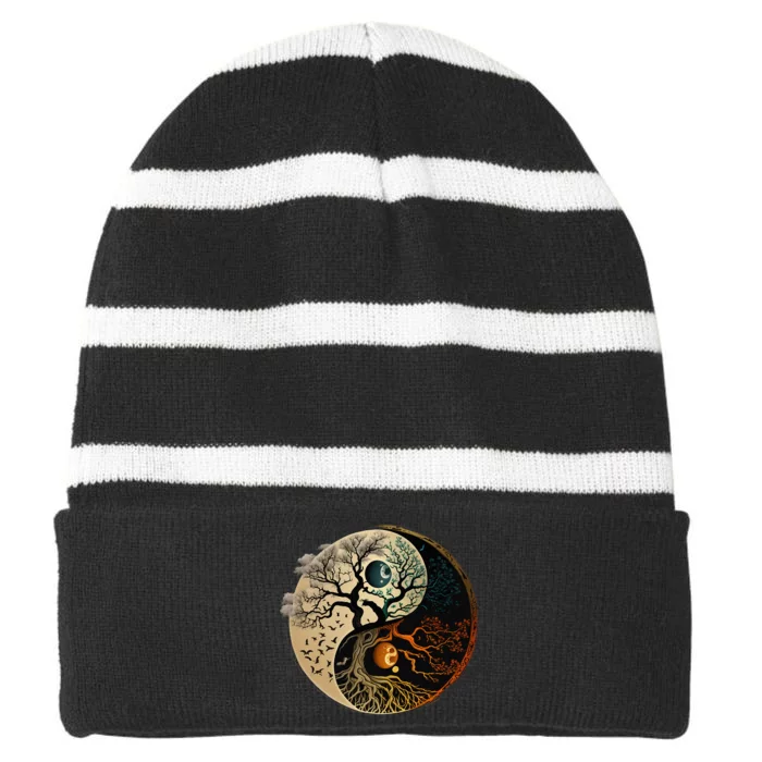 Spiritual Yin Yang Buddhist Tree Of Life Striped Beanie with Solid Band