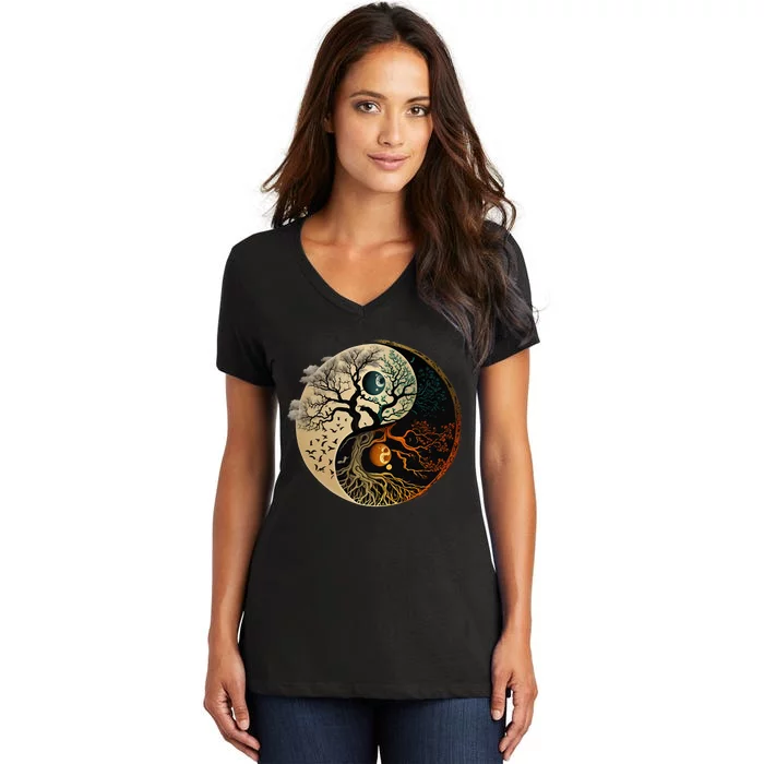 Spiritual Yin Yang Buddhist Tree Of Life Women's V-Neck T-Shirt