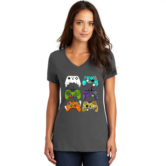 Skeleton Zombie Gaming Controllers For Halloween Gamer Gift Women's V-Neck T-Shirt