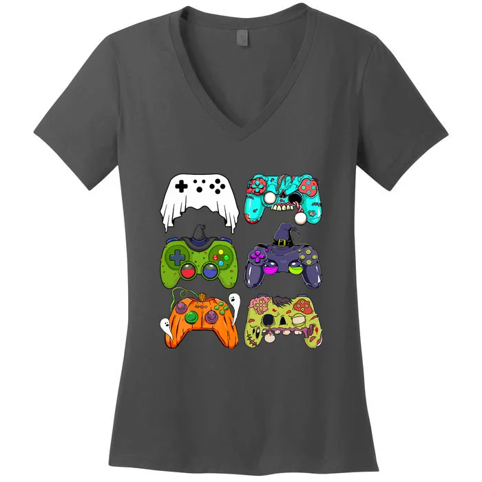 Skeleton Zombie Gaming Controllers For Halloween Gamer Gift Women's V-Neck T-Shirt