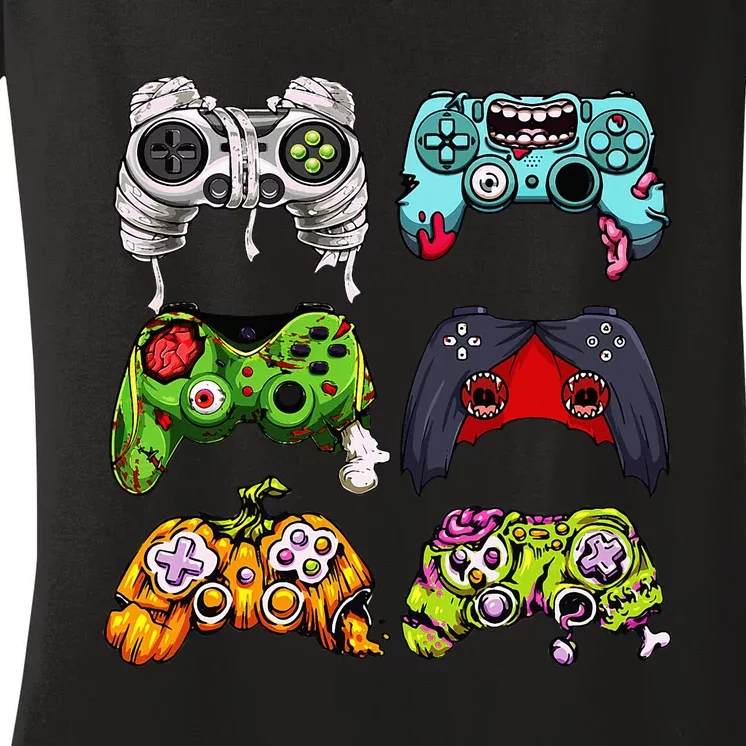 Skeleton Zombie Gaming Controllers Halloween Gamer Women's V-Neck T-Shirt