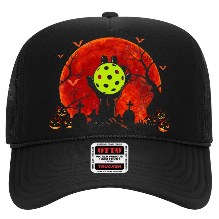 Spooky Zombie Hand with Pickleball for Halloween High Crown Mesh Trucker Hat