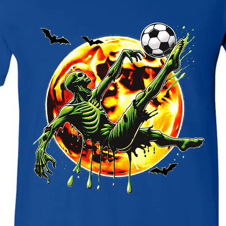 Spooky Zombie Playing Soccer Halloween Costume V-Neck T-Shirt