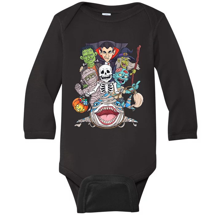 Skeleton Zombie Riding Mummy Shark Funny Halloween Pumpkin Baby Long Sleeve Bodysuit