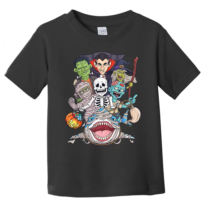 Skeleton Zombie Riding Mummy Shark Funny Halloween Pumpkin Toddler T-Shirt