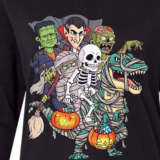 Skeleton Zombie Riding Mummy T Rex Funny Halloween Pumpkin Womens Cotton Relaxed Long Sleeve T-Shirt