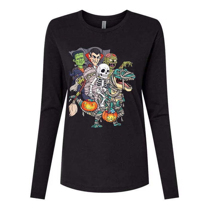 Skeleton Zombie Riding Mummy T Rex Funny Halloween Pumpkin Womens Cotton Relaxed Long Sleeve T-Shirt