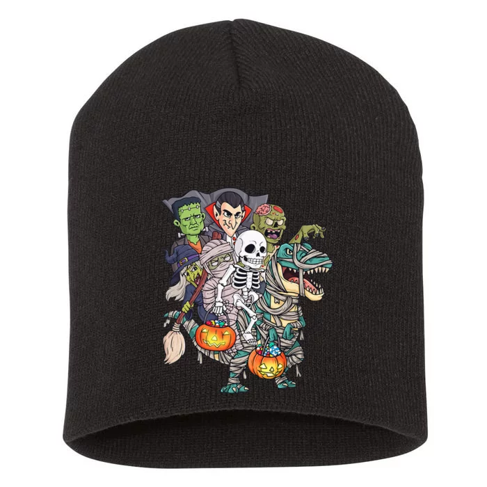 Skeleton Zombie Riding Mummy T Rex Funny Halloween Pumpkin Short Acrylic Beanie