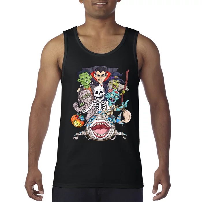 Skeleton Zombie Riding Mummy Shark Funny Halloween Pumpkin Tank Top