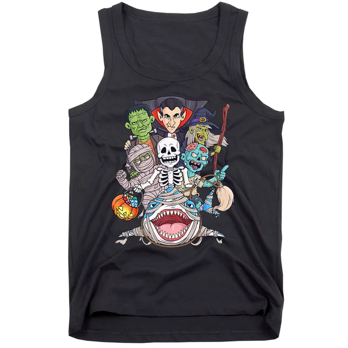 Skeleton Zombie Riding Mummy Shark Funny Halloween Pumpkin Tank Top