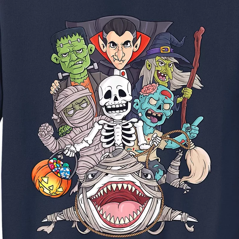 Skeleton Zombie Riding Mummy Shark Funny Halloween Pumpkin Sweatshirt