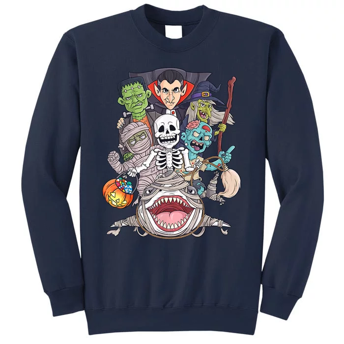 Skeleton Zombie Riding Mummy Shark Funny Halloween Pumpkin Sweatshirt