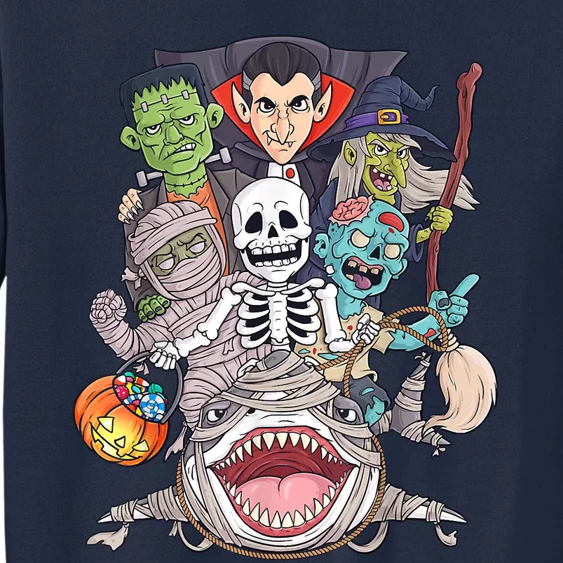 Skeleton Zombie Riding Mummy Shark Funny Halloween Pumpkin Tall Sweatshirt