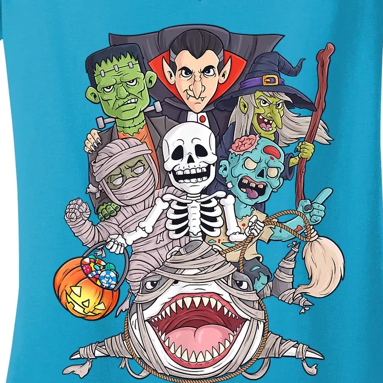 Skeleton Zombie Riding Mummy Shark Funny Halloween Pumpkin Women's V-Neck T-Shirt