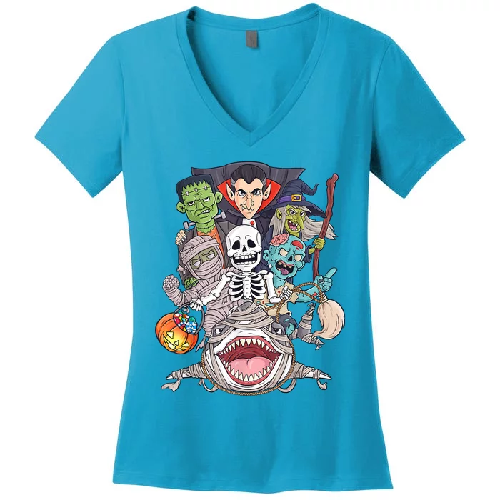 Skeleton Zombie Riding Mummy Shark Funny Halloween Pumpkin Women's V-Neck T-Shirt