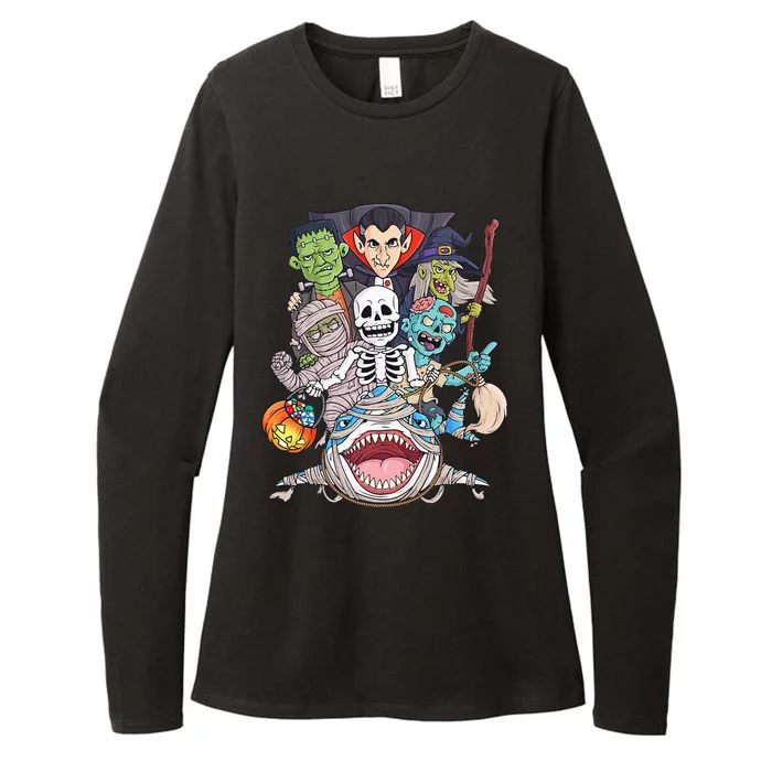 Skeleton Zombie Riding Mummy Shark Funny Halloween Pumpkin Womens CVC Long Sleeve Shirt