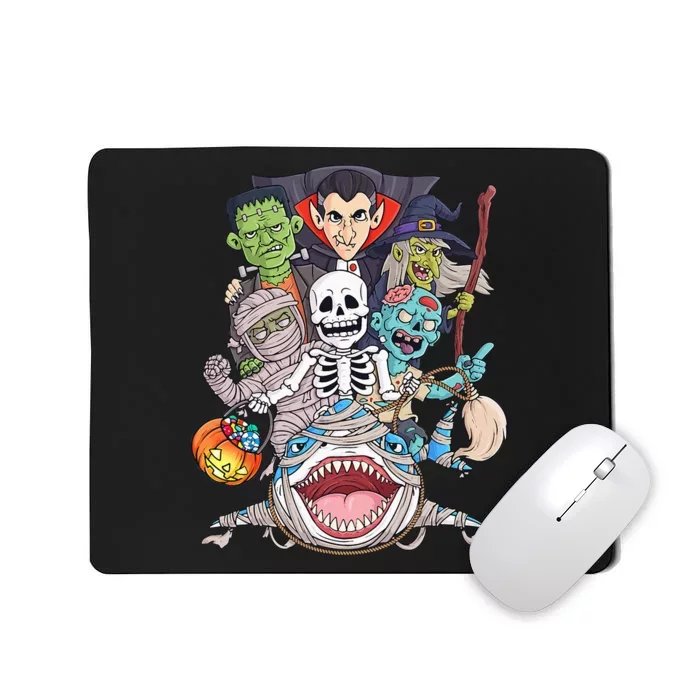 Skeleton Zombie Riding Mummy Shark Funny Halloween Pumpkin Mousepad