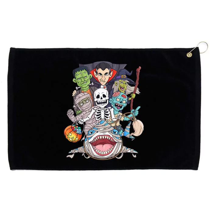 Skeleton Zombie Riding Mummy Shark Funny Halloween Pumpkin Grommeted Golf Towel