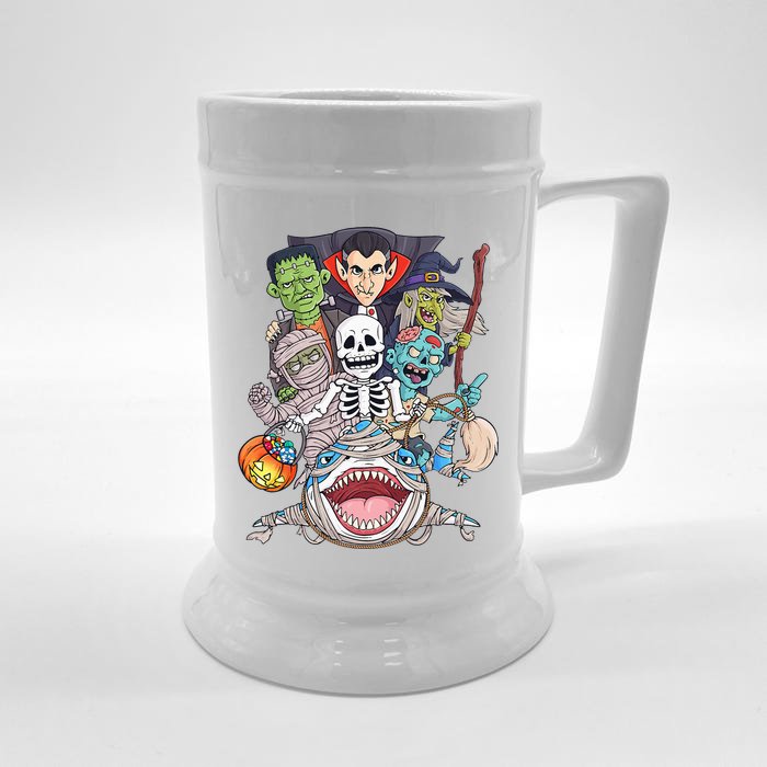 Skeleton Zombie Riding Mummy Shark Funny Halloween Pumpkin Front & Back Beer Stein