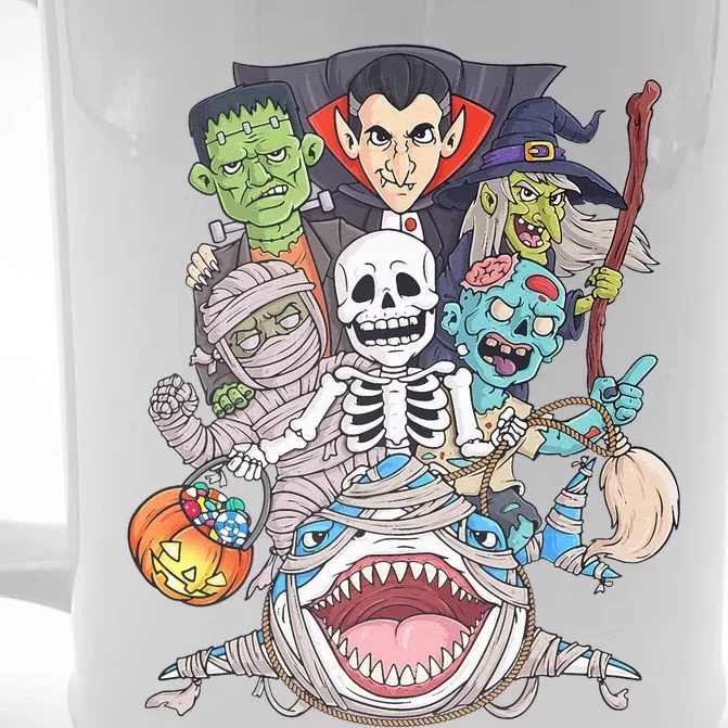 Skeleton Zombie Riding Mummy Shark Funny Halloween Pumpkin Front & Back Beer Stein